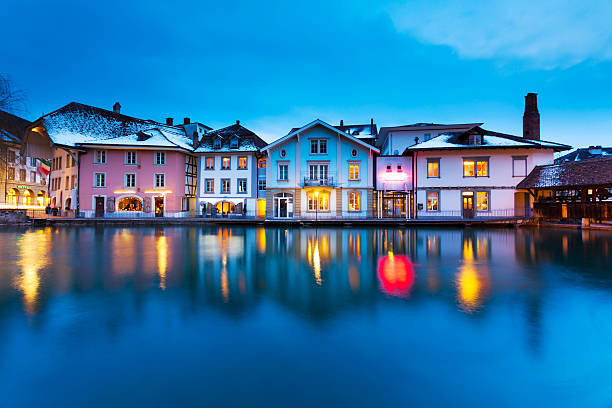 Tranquil Night in Switzerland Thun City in Night, central Switzerland. lake thun stock pictures, royalty-free photos & images