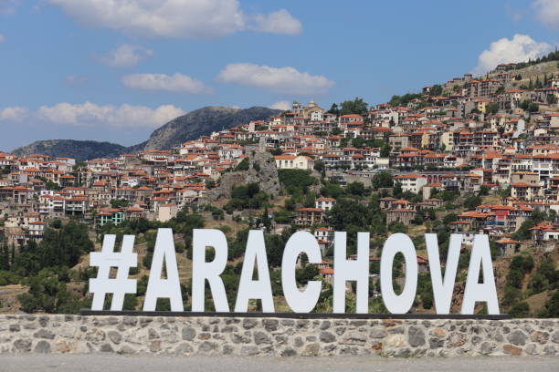 panorama photo of the town of Arachova Arachova, Greece - July 20, 2019: panorama photo of the town of Arachova arachova greece stock pictures, royalty-free photos & images