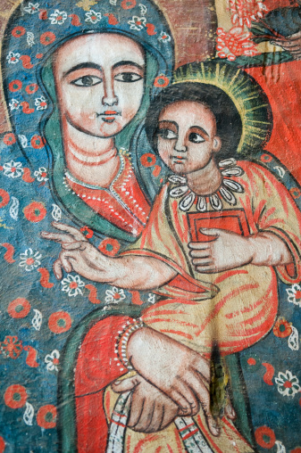 Close-up of an old painting/icon of Mary and Jesus at the Ura Kidane Mere monastery church in Lake Tana, Ethiopia