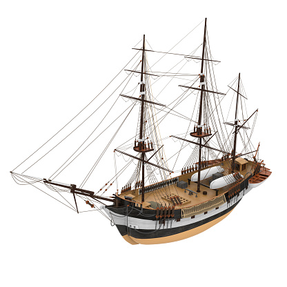 A closeup shot of a vintage figurine of a ship isolated on a white background