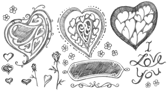 Original heart sketches in clustered composition.