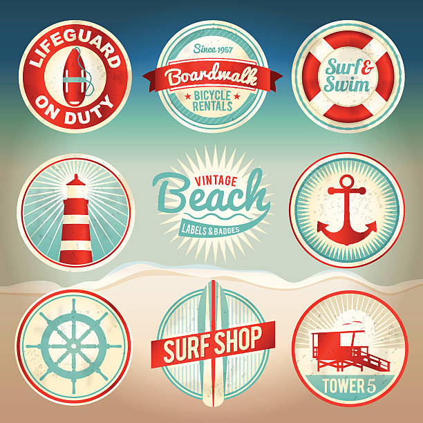 Vintage Beach Labels and Badges Vintage set of beach labels and badges. EPS 10 with gradient mesh. Gradient mesh is only used in "distressing" the labels and can be easily removed (layered separately in the file) to support earlier versions of EPS. File is organized, grouped, and layered for easy separation of designs. lifeguard stock illustrations