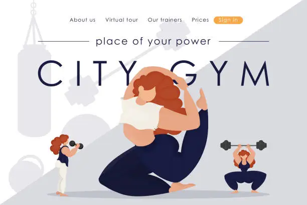 Vector illustration of Gym advertising website, landing page, workout, sports, bodybuilding, healthy lifestyle website