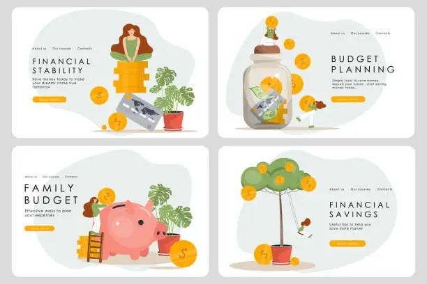 Vector illustration of Set Family budget, financial literacy, expense calculator, personal finance, savings, landing page