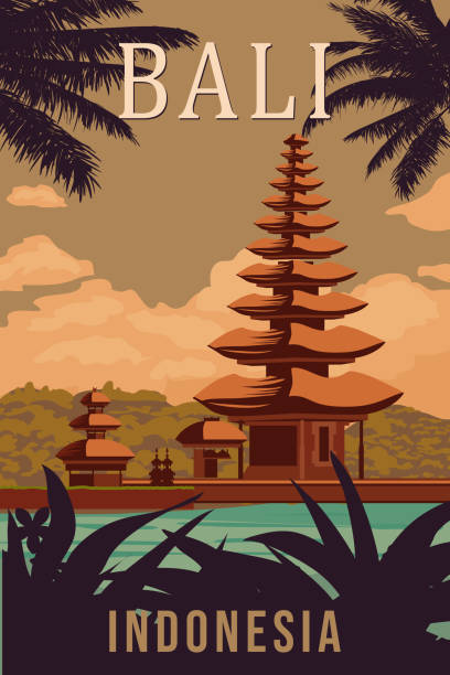 Travel poster Indonesia Bali tropical island resort vintage. Ancient Temple, coast, palms, ocean. Paradise resort, retro style illustration vector postcard