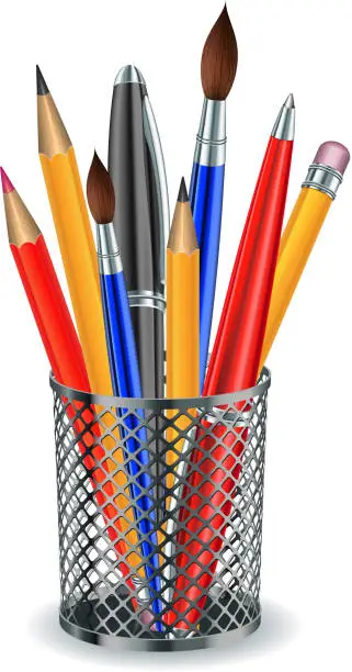 Vector illustration of Brushes, pencils and pens in the holder.