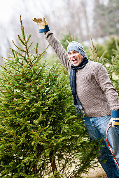 istock Man with Christmas tree on a farm 164196431