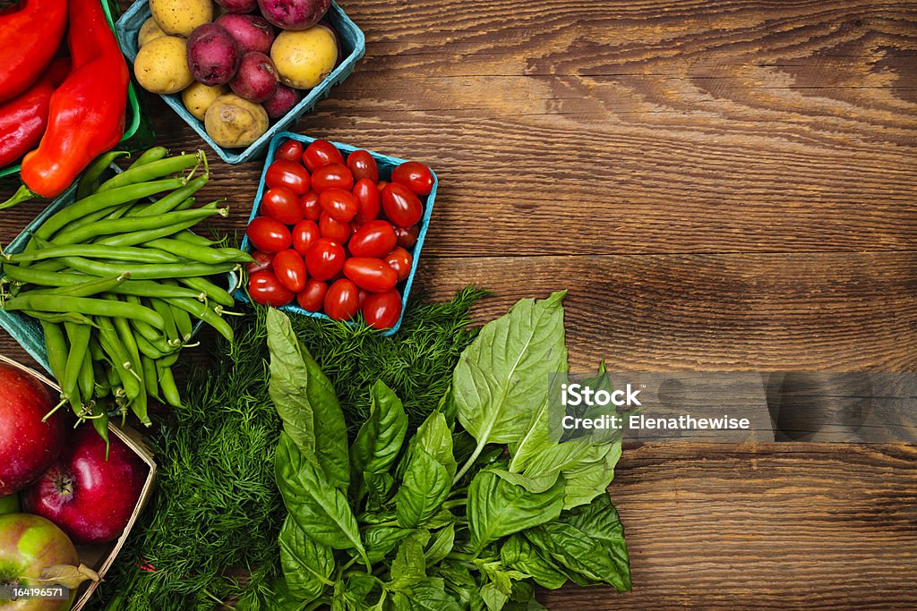 Fresh market fruits and vegetables Fresh farmers market fruit and vegetable from above with copy space on brown wood Farmer's Market Stock Photo