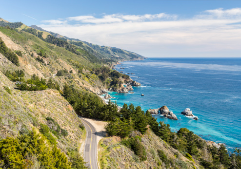 The Santa Lucia Mountains and the Big Sur coastline in Central California. Cabrillo Highway (aka Highway 1) is also visible.