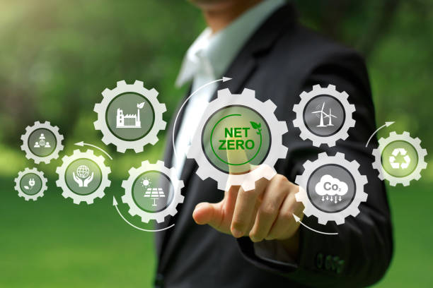 istock Net zero and carbon neutral concept. Businessman touching green net zero icon Idea for Climate neutral long term strategy. Net zero greenhouse gas emissions target. reduce carbon footprint. 2050 1641984940