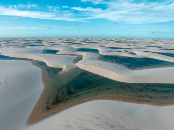 Aerial view of Lencois Maranhenses. White sand dunes with pools of fresh and transparent water. Desert. Brazil Aerial view of Lencois Maranhenses. White sand dunes with pools of fresh and transparent water. Desert. Barreirinhas. Maranhao State National Park. Brazil brazil desert maranhao state national park stock pictures, royalty-free photos & images