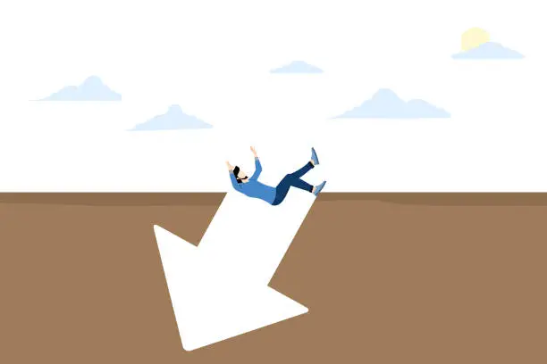 Vector illustration of High risk investment concept, financial difficulties, business or stock depreciation, defeat and failure, economic crisis, lost strategy, man falling into down arrow shaped hole.