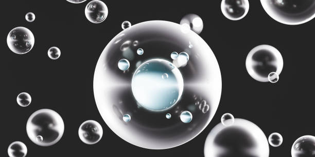 istock Dark background with transparent spherical bubbles and DNA strands. 3d animation 1641996436