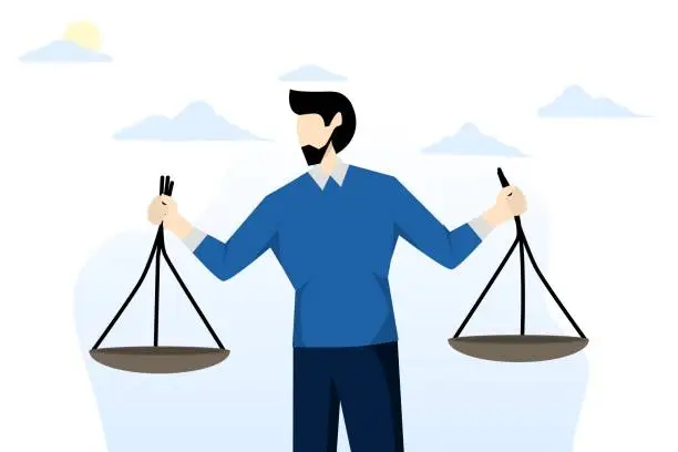 Vector illustration of concept of profit and loss comparison, integrity or honest truth, pros and cons or measurement, judgment or ethics, decision or balance, businessman comparing scales to be equal, fair measurement.