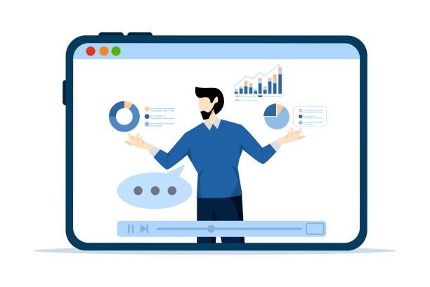 설명 비디오 자습서 또는 온라인 교육 과정, 온라인 비즈니스 전략을 설명하는 전문 지식, 교육용 영화 또는 비디오, 비디오 인터페이스에서 비즈니스 파이 차트를 설명하는 기업가 전문가. - computer monitor internet editor education stock illustrations