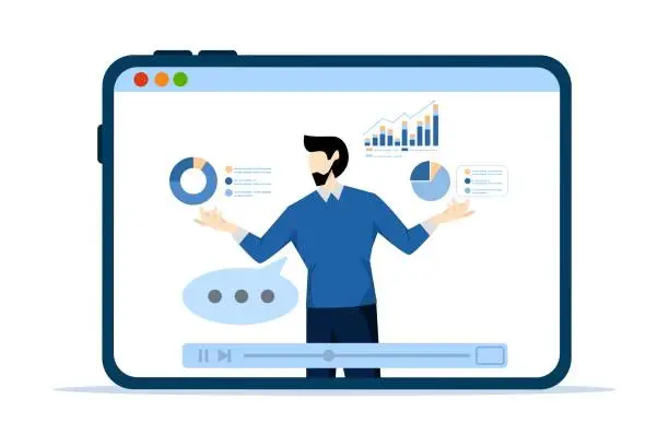 Vector illustration of Explanatory video tutorials or online training courses, expertise explaining online business strategy, educational films or videos, entrepreneur expert explaining business pie chart in video interface.