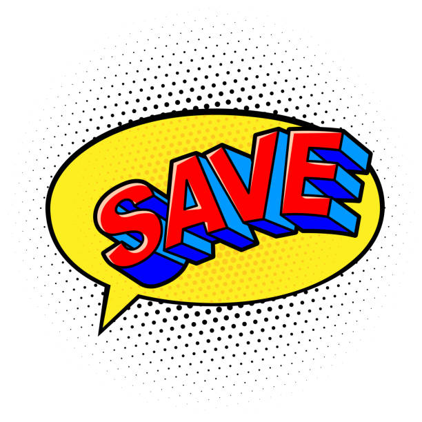 ilustrações, clipart, desenhos animados e ícones de texto tridimensional "salvar" no estilo de quadrinhos em uma bolha de fala amarela. - superhero currency heroes savings