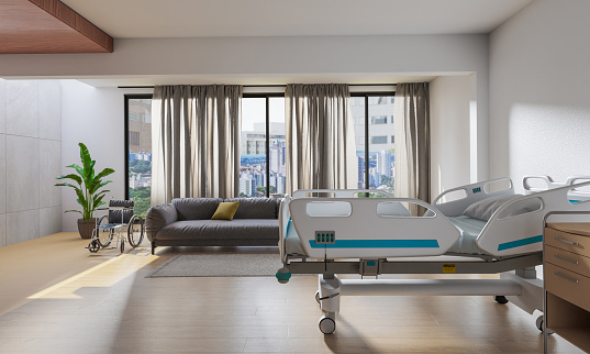 VIP hospital room design luxury patient room, 3D illustrations rendering