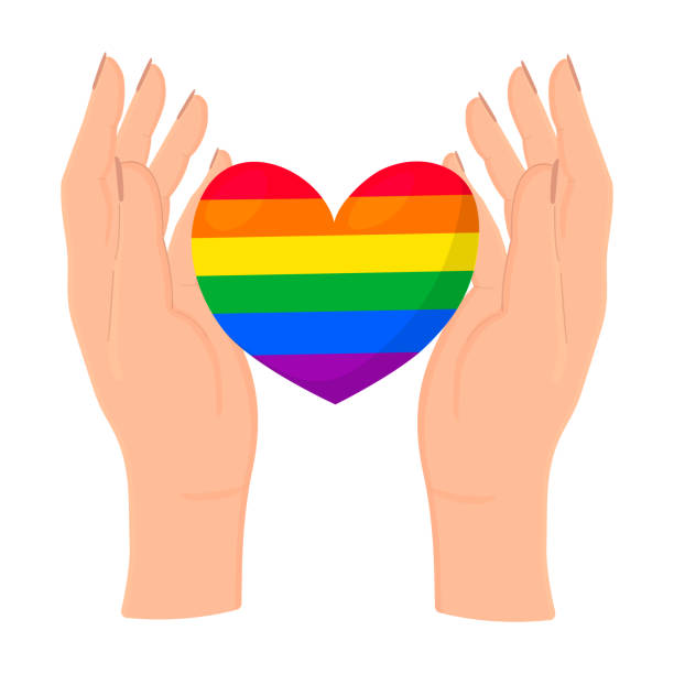 illustrazioni stock, clip art, cartoni animati e icone di tendenza di mani che tengono il cuore arcobaleno, simbolo lgbt. illustrazione vettoriale in stile cartone animato. concetto del mese dell'orgoglio lgbt. - symbols of peace flag gay pride flag banner