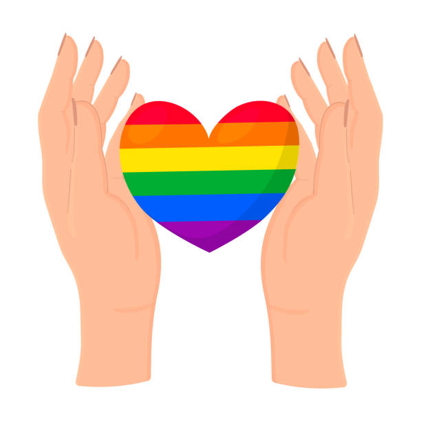 руки, держащие радужное сердце, символ лгбт. векторная иллюстрация в мультяшном стиле. концепция месяца лгбт-прайда. - heart shape gay pride gay pride flag lesbian stock illustrations