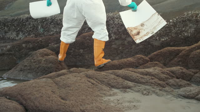 Pollution Control Team PPE Using Brush To Clean Subsidize Oil Spill On Rock On The Beach