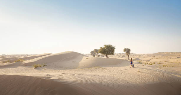 donna in dune di sabbia del deserto al tramonto - afar desert foto e immagini stock