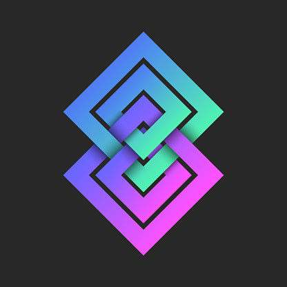 Two rhombus logo or chain square link symbol vibrant gradient creative design, overlapping of four rhombuses bright colorful infinity symmetry forms.