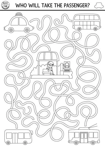 Vector illustration of Transportation black and white maze for kids with girl waiting for transport. Line preschool printable activity. Labyrinth game or coloring page with bus, trolleybus, taxi. Who will take passenger