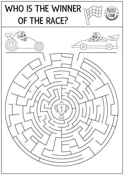 Vector illustration of Transportation black and white maze for kids with racing cars on track. Line sport transport preschool printable activity. Round geometric labyrinth game, puzzle. Who is winner of race