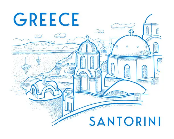 Vector illustration of Santorini island, Greece. Beautiful traditional architecture and Greek Orthodox churches. The Aegean sea. Advertising card, flyer. Vector illustration in engraving style in blue color