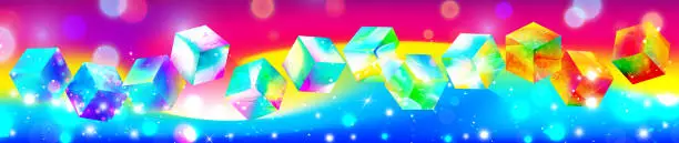 Vector illustration of Abstract geometric 3d cubes of the seasons on a multicolored gradient background. Four seasons: winter, spring, summer, autumn. Creative stylish set.