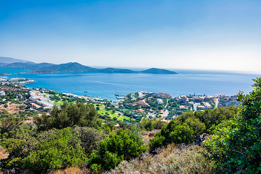 Panoramic view of the town Elounda, Crete, Greece. Elounda is a small town on the northern coast of the island of Crete, Greece. It is part of the municipality of Agios Nikolaos.