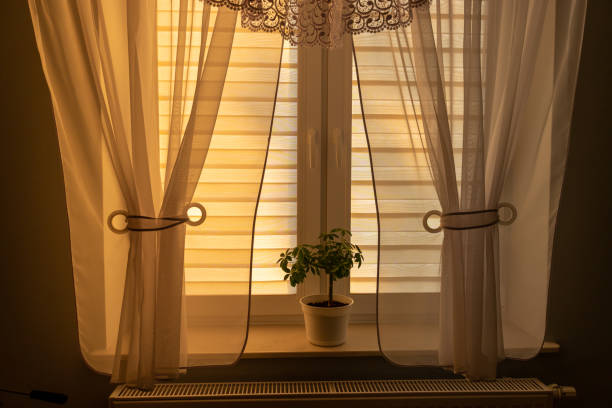 istock Curtain interior sunset. House room. run lighting through transparent curtain on window into bedroom at evening sunny day 1642108372