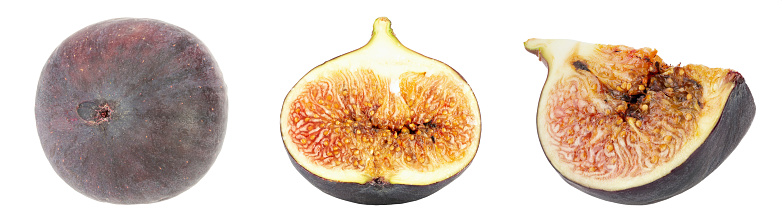 A set of ripe fresh figs, one whole and cut. Isolated on white background. File contains clipping path