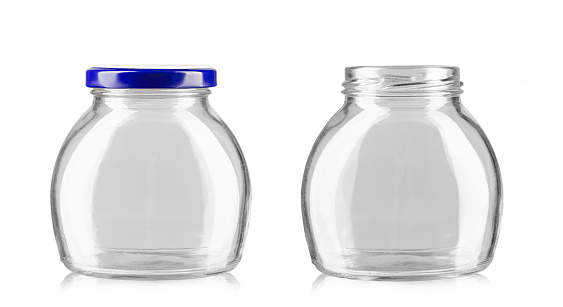 Two empty jars with blue lid. Conservation utensils. Isolated on a white background. File contains clipping path