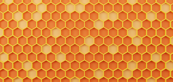 Cartoon honeycomb yellow background. Geometric hexagon pattern. 3D rendering