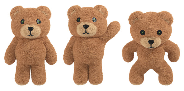 Standing Teddy Bear fluffy toy with button eyes. 3D rendered plush character set