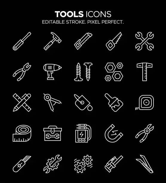 Vector illustration of Home and Garden Tools Icon Set - Screwdriver, Hammer, Saw, Wrench, and More