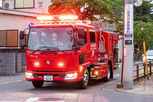 Tokyo, Japan - May 28, 2023 : Fire Engine at Fuchu, Tokyo, Japan.