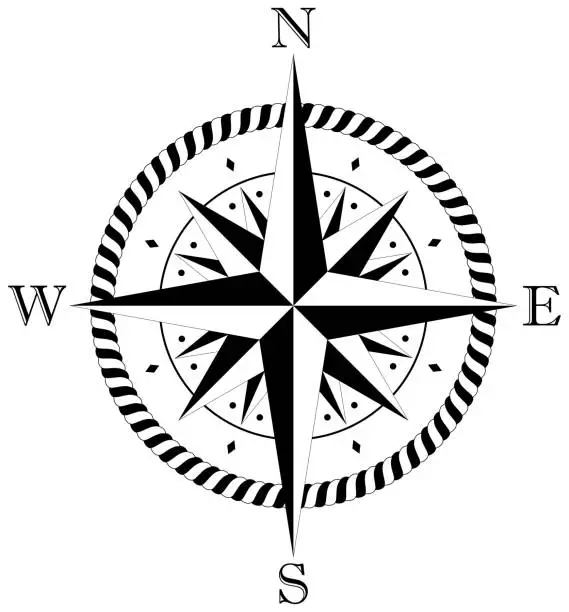 Vector illustration of Compass rose vector with four wind directions and cord frame in black and white.