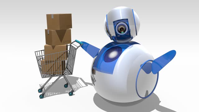 Cute Sphere Robot Driving Grocery Trolley