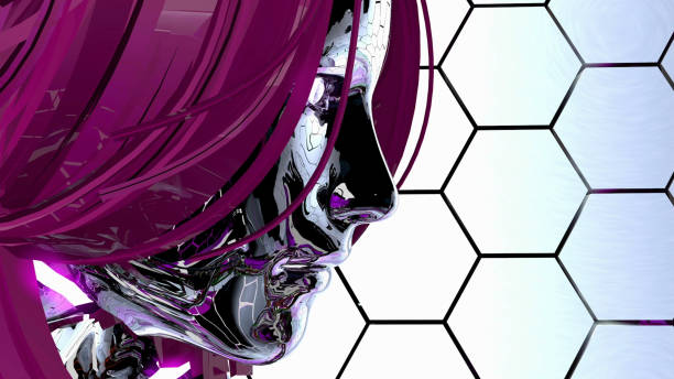 A metallic beautiful cyborg girl staring deeply in front of a hexagonal background. / You can see the animation movie of this image from my iStock video portfolio. Video number: 1629982846