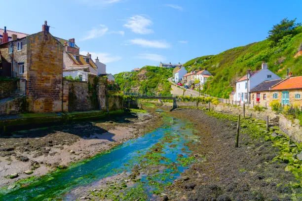Staithes Beck winds its way to the sea. dividing the small coastal villages of Staithes and Cowbar.