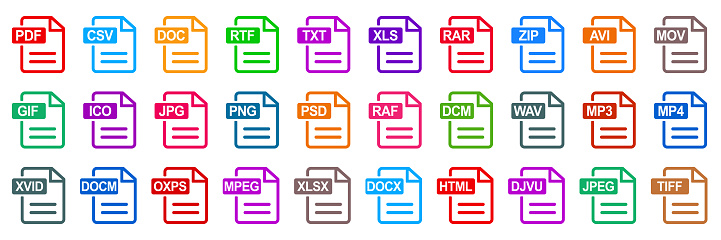 Set file document formats: PDF, CSV,  DOC, JPG, RTF, TXT, XLS, RAR, ZIP, AVI, MOV, GIF, JPG, PNG, PSD, RAF, MP3, MP4, XVID, MPEG, XTML, JPEG, file extensions diverse icons set isolated - stock vector