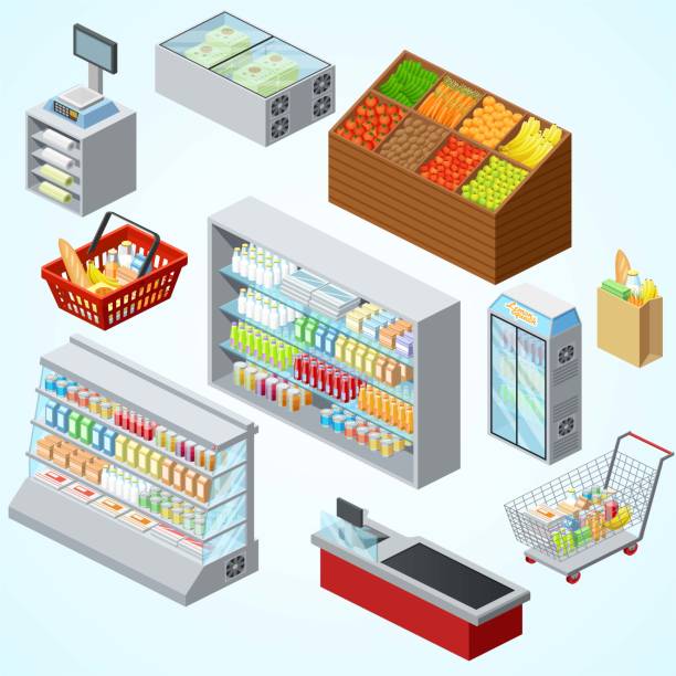 スーパーマーケットの棚は冷凍庫のキャッシャーカウンターの顧客の買い物かごを展示します - store retail supermarket checkout counter点のイラスト素材／クリップアート素材／マンガ素材／アイコン素材
