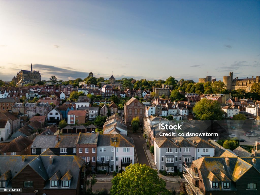 Aerial view of market town of Arundel in West Sussex, UK Aerial view, taken by drone, depicting the picturesque market town of Arundel  in the Arun District of the South Downs, West Sussex, England. Aerial View Stock Photo