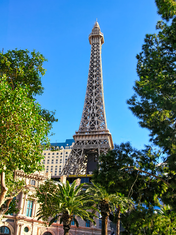 A replica of the Eiffel Tower in Las Vegas, Nevada, during the day. The tower is a gleaming white against the blue sky, and it is surrounded by palm trees and other greenery.
