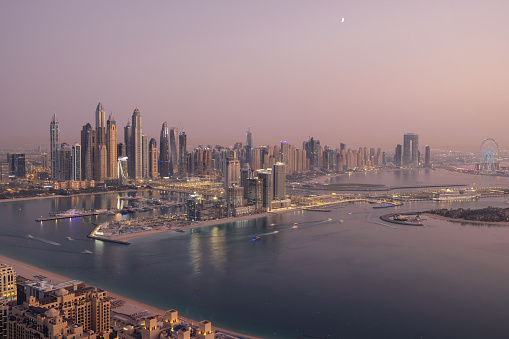 UAE Dubai cityscape skyline city aerial view blue hour