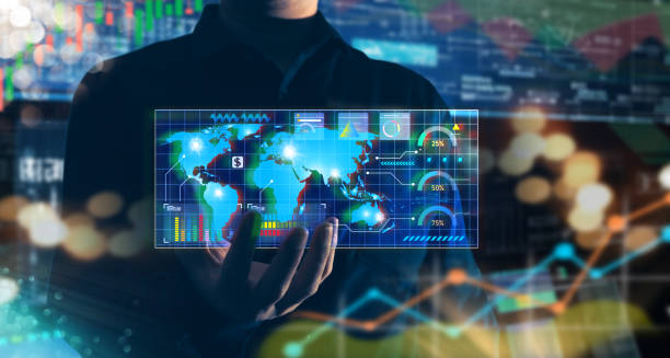 istock Businessmen use technology to do international trade on a global scale, represented by graphs. Market share in different continents 1642234776
