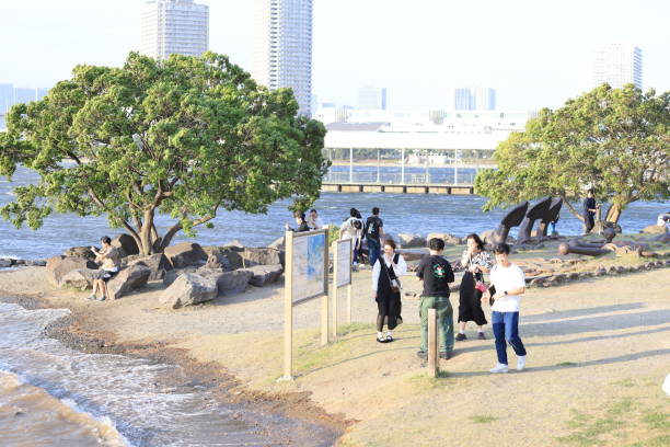 Tokyo May 5 2023: young people playing in Odaiba seaside park. Odaiba seaside park is one of famous place for dating in tokyo